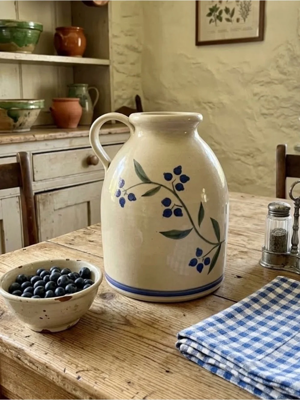 Hilltop pottery Hand-Painted Blue Berry Vine Ceramic Pitcher - Cream